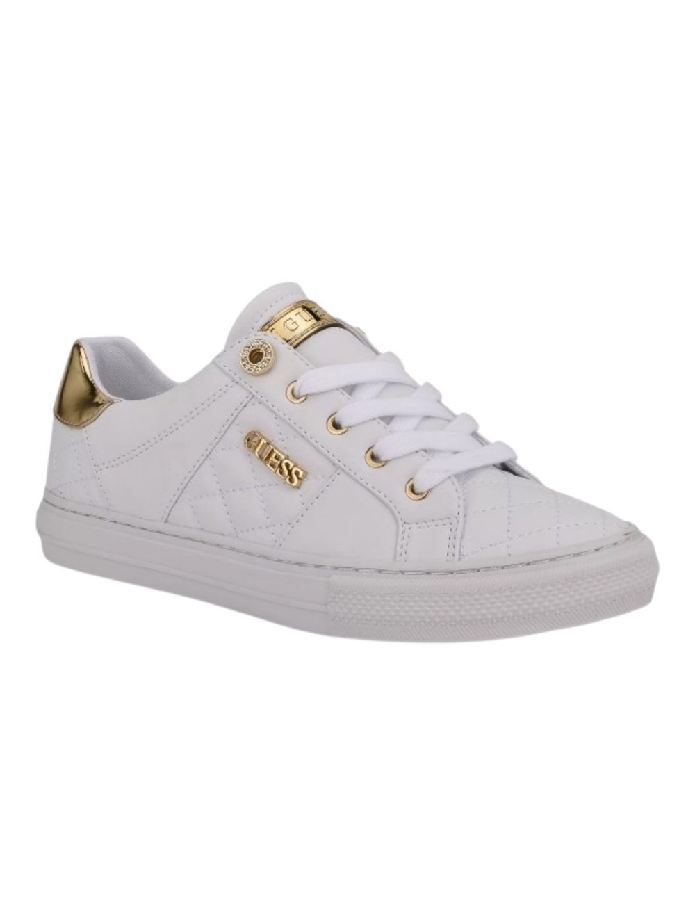 Guess Women's White Loven Quilted Sneakers with Gold Accents - Size 8.5M